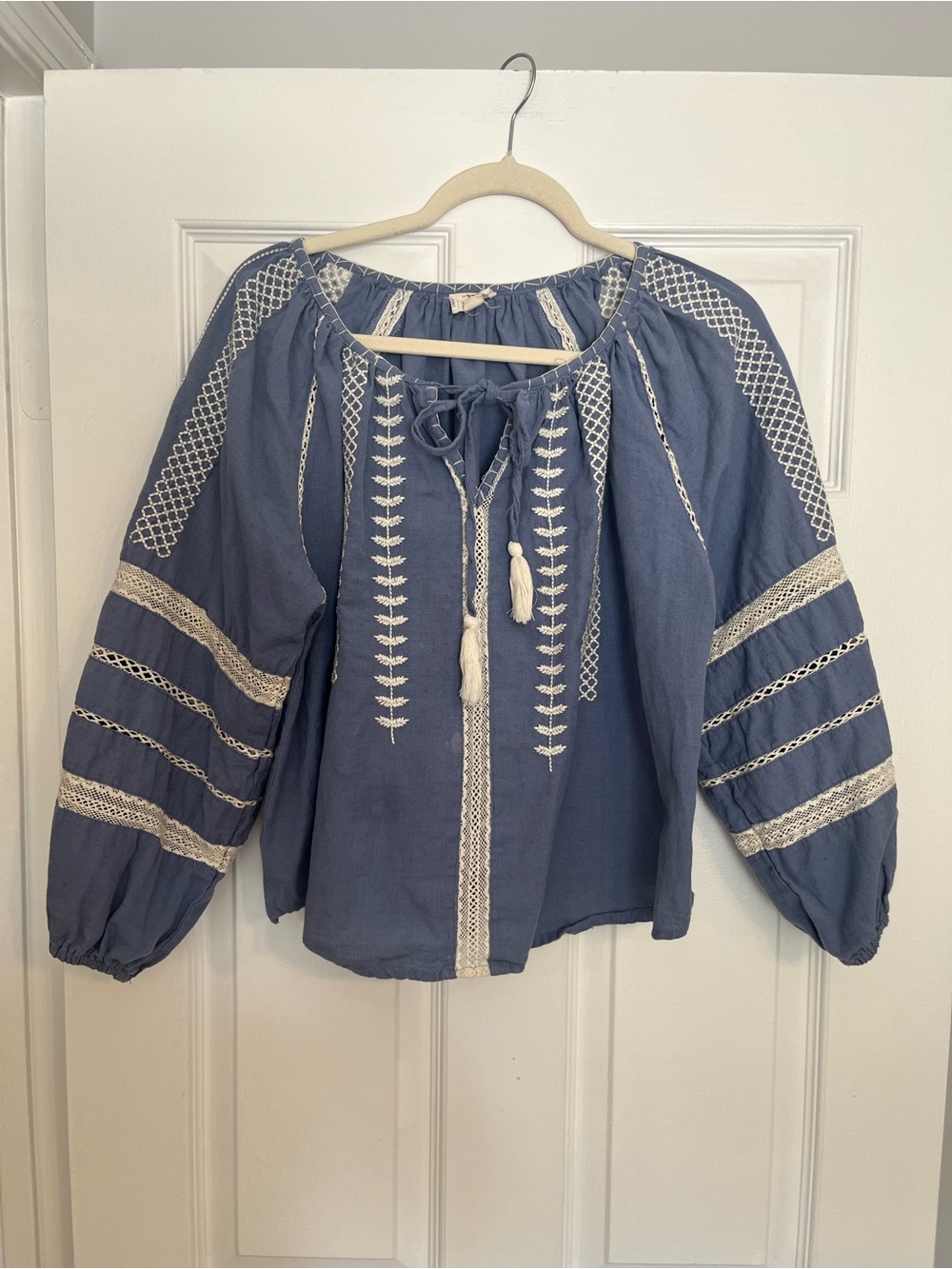 Nicole Miller Artelier Blue Embroidered Peasant Blouse with Tassel Tie